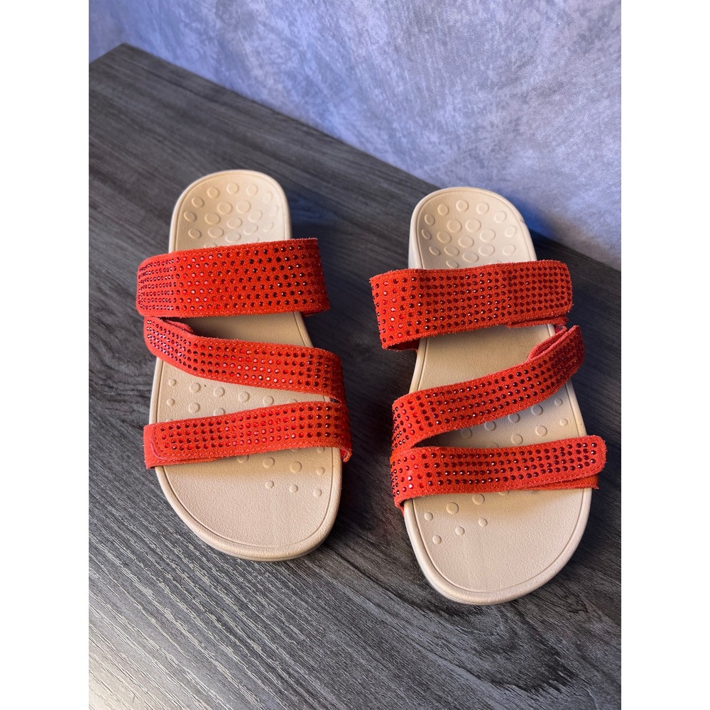 Vionic Red Rhinestone 3-Strap Adjustable Slide Orthotic Sandal Women's 8